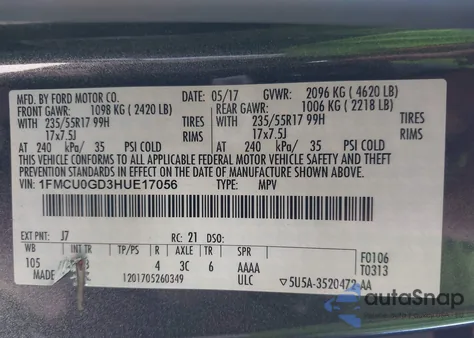 2017 Ford Escape Se z USA, uszkodzony, nr VIN 1FMCU0GD3HUE17056